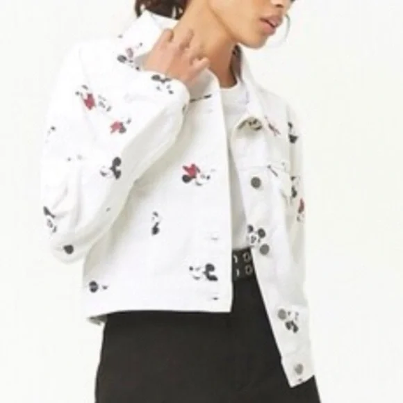 Disney Mickey & Minnie Mouse White Denim Crop Top Jacket Small - Picture 2 of 9